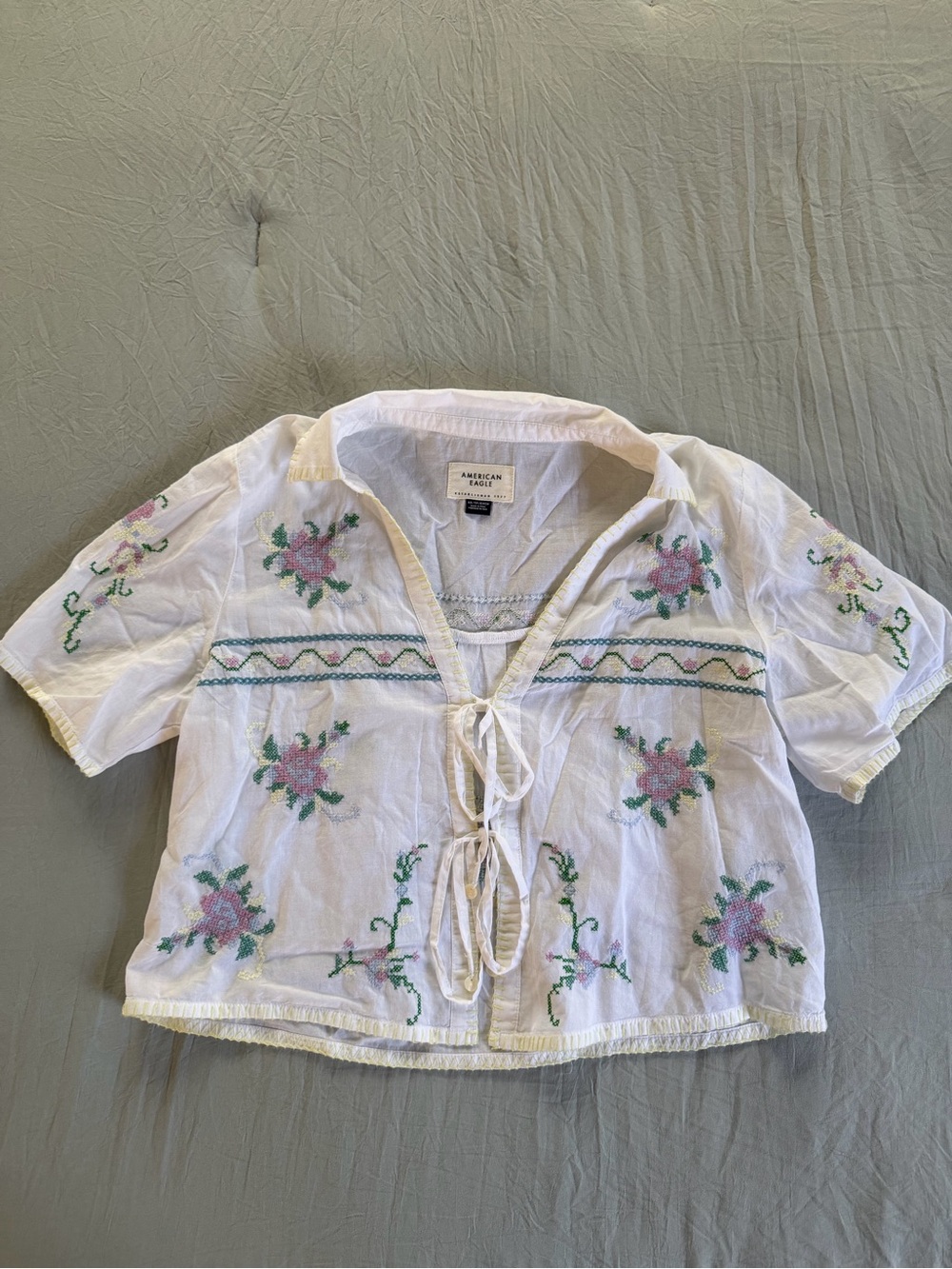 American Eagle Outfitters White Floral Embroidered Tie-Front Top